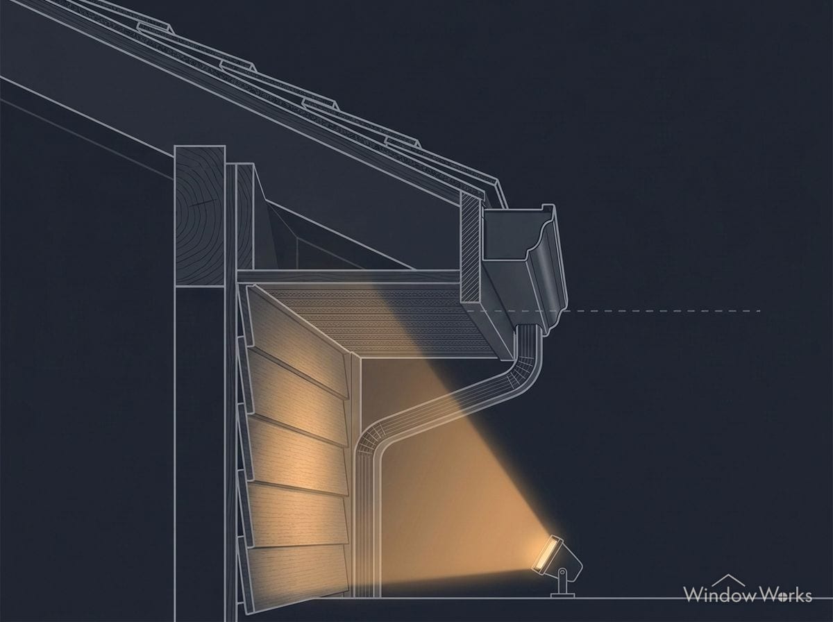 Cutaway: a flood at the base of the wall throws light upward