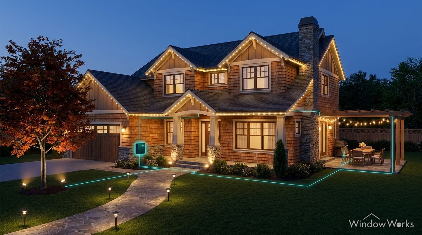 A house at dusk with one control box on the garage wall wired to the roofline lights, floods, path lights, patio bistro lights and tree uplights