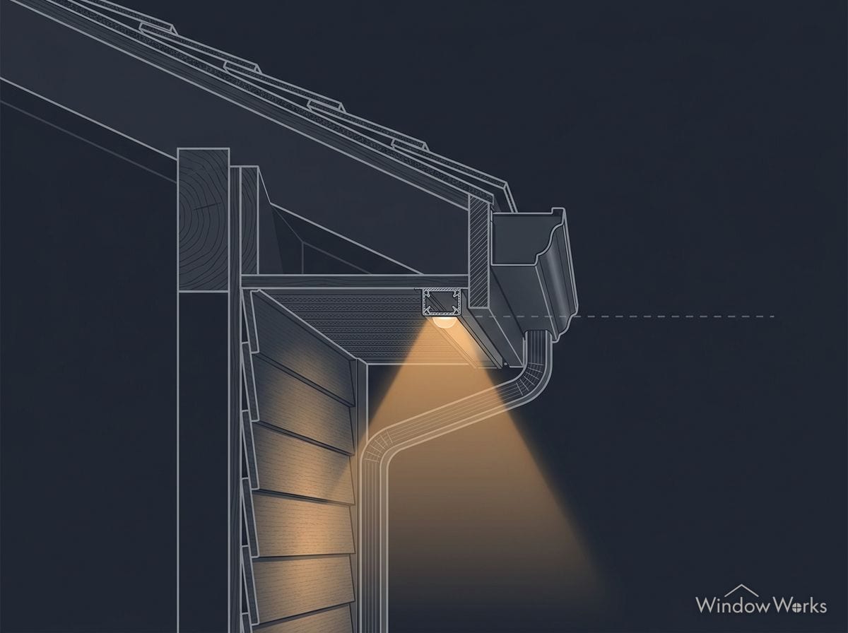 Cutaway: the light sits under the soffit or parapet edge and shines down the wall