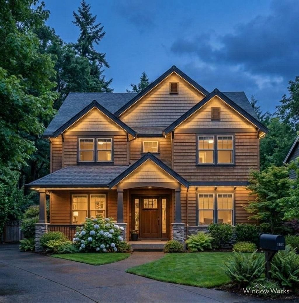 A house at dusk with down-facing warm white lights washing the siding under every roofline