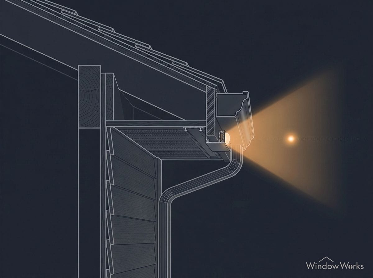 Cutaway: the light sits on the face of the fascia and shines toward the street