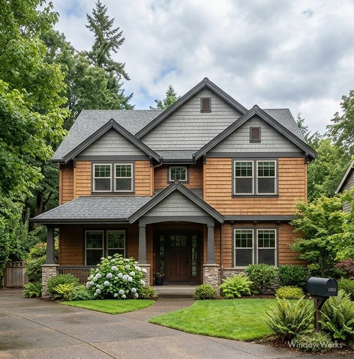 A two-story house by day; the light channel along the roofline is hard to see