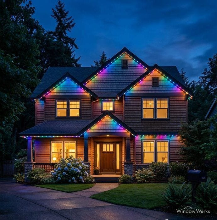 The same house at night with color-changing lights along every roofline