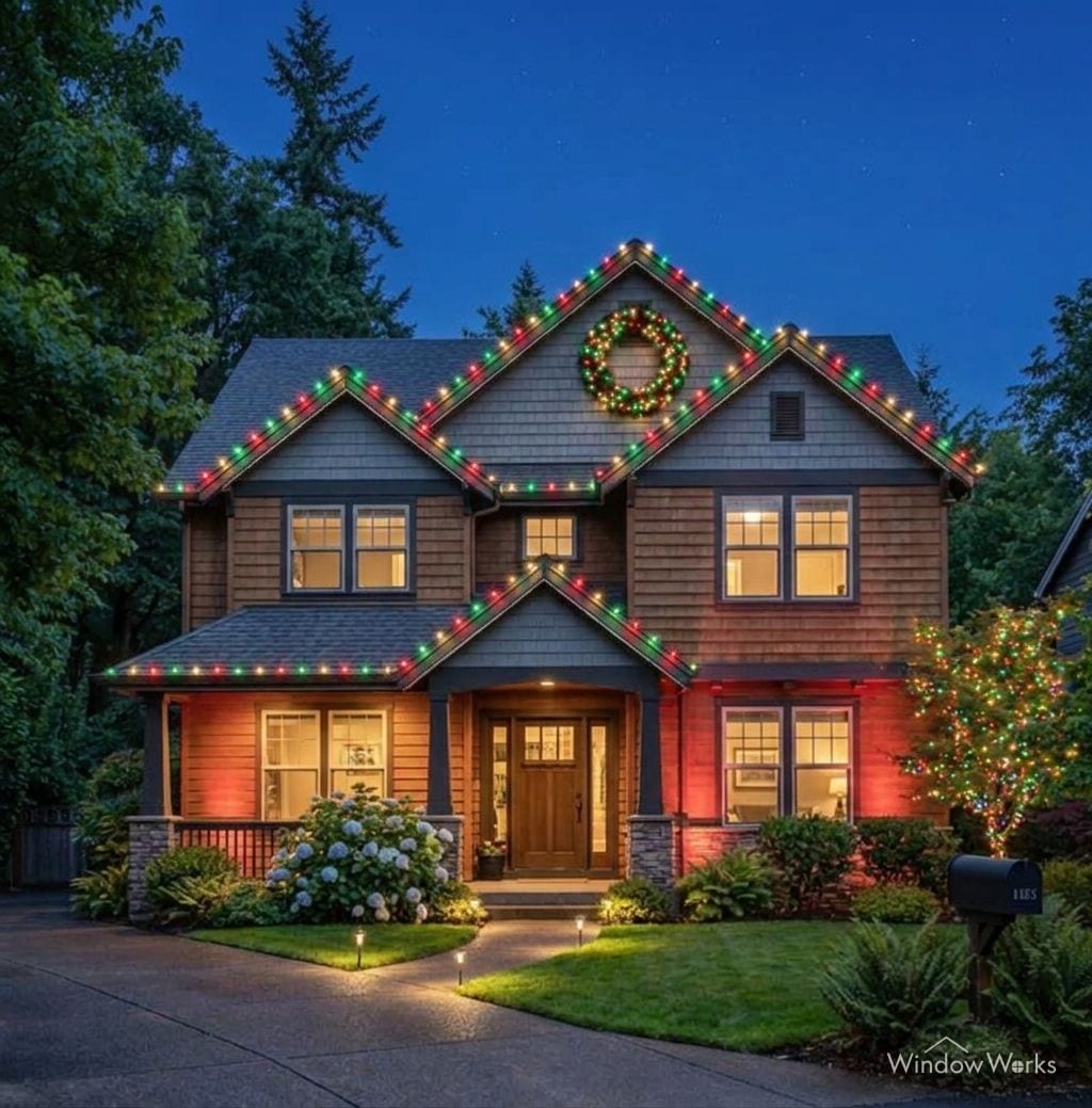 The house with roofline, wreath, tree wrap, wall wash and path lights all in matching red, green and warm white